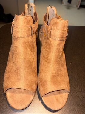Cityclassified Open-Toe Suede Mule Booties in Tan